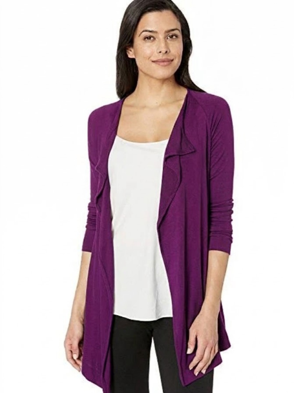 Three Dots Draped Open Front Handkerchief Hem Cardigan- Plum